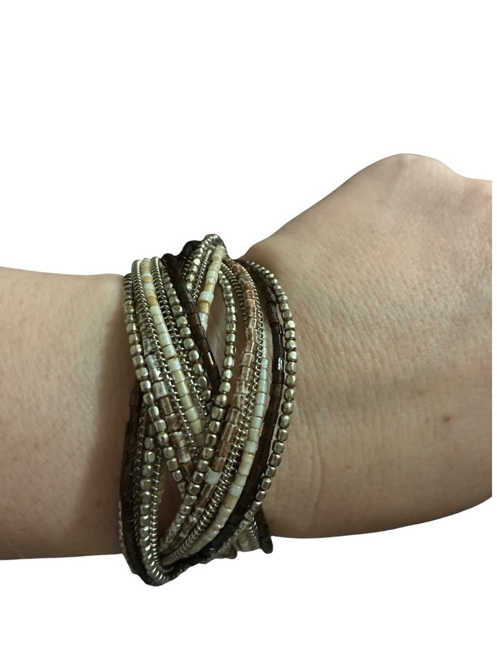 Multi-Strand Brown and Silver Beaded Wrap Bracelet